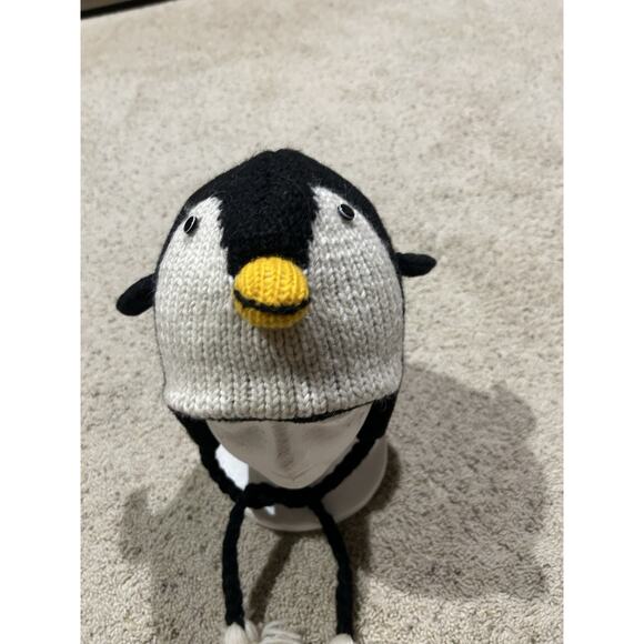 Youth Penguin Knit WOOL HAT from Nepal Fleece Lined EAR FLAPS Black Winter H25 - Picture 7 of 9